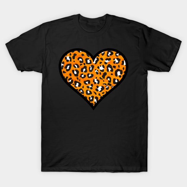 Orange, Black and White Leopard Print Heart T-Shirt by bumblefuzzies